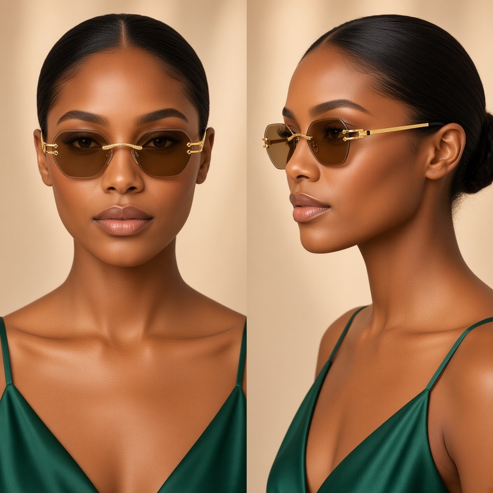 Sunglasses Brown Lens Rimless Gold Diamond Cut Elegant Fashion Designer Women